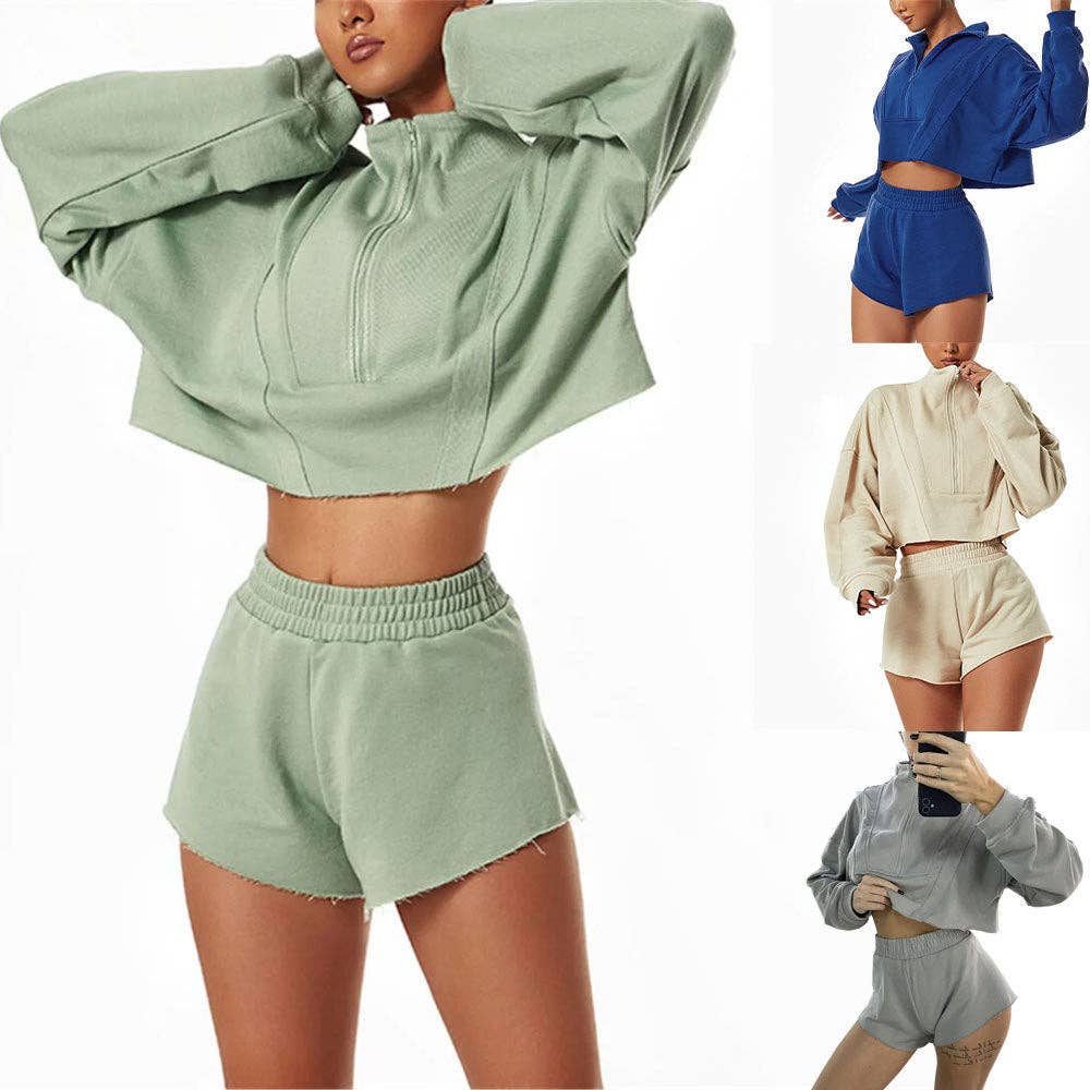 Sweetkama Ladies Stand Collar Zipper Hoodie Loose Short Set