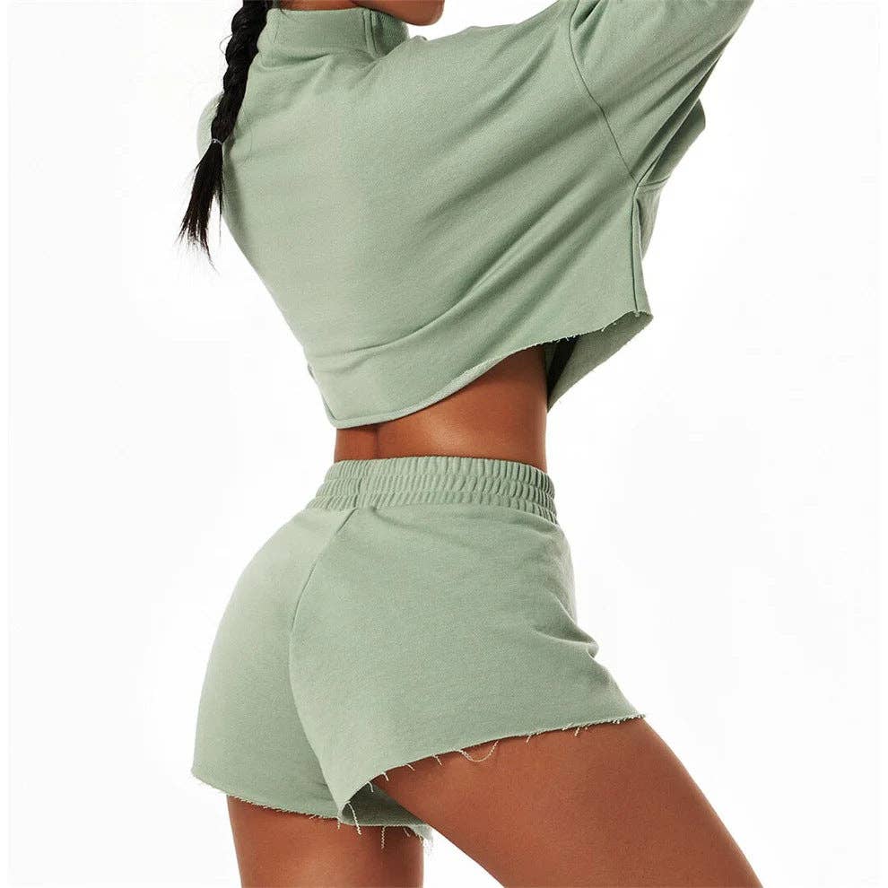 Sweetkama Ladies Stand Collar Zipper Hoodie Loose Short Set